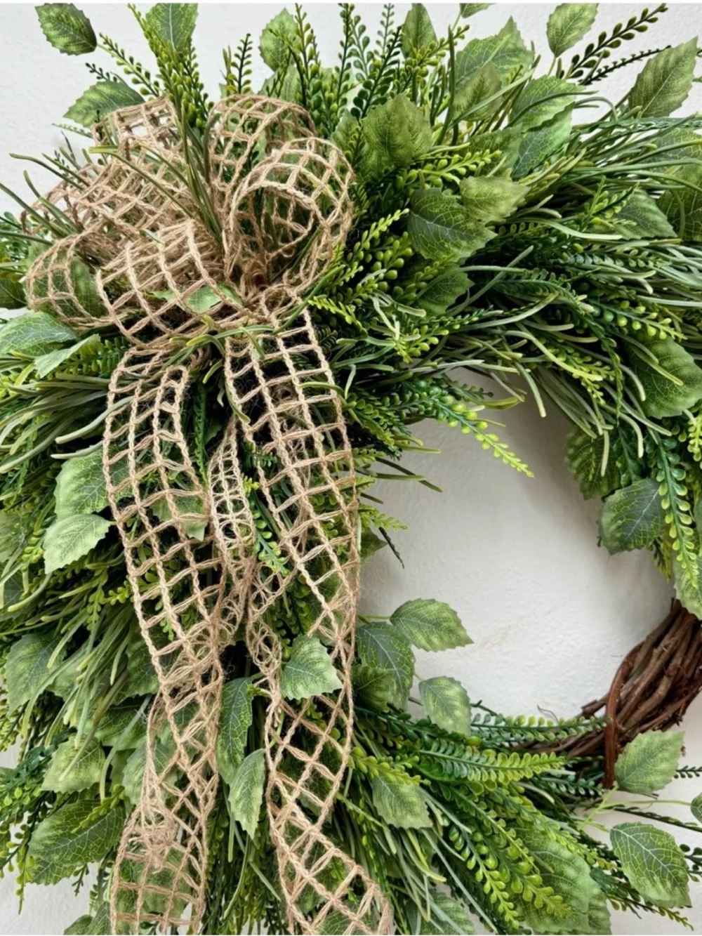 Year Round Wreath - Green Rustic Jute Bow Fern Wreath - Mother's Day